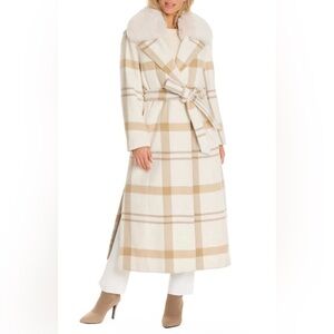 Vince Camuto Cream plaid wool blend faux fur trim Coat NO OFFERS